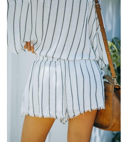 Beach Town Pocketed Striped Frayed Shorts - White
