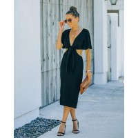 Jenner Linen Blend Tie Front Cutout Midi Dress - Black