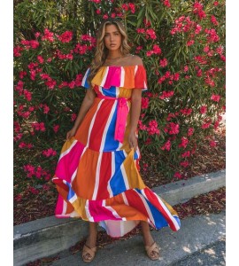 Carousel Striped Off The Shoulder Maxi Dress