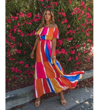 Carousel Striped Off The Shoulder Maxi Dress