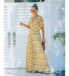 Nadine Floral Smocked Maxi Dress - Mustard